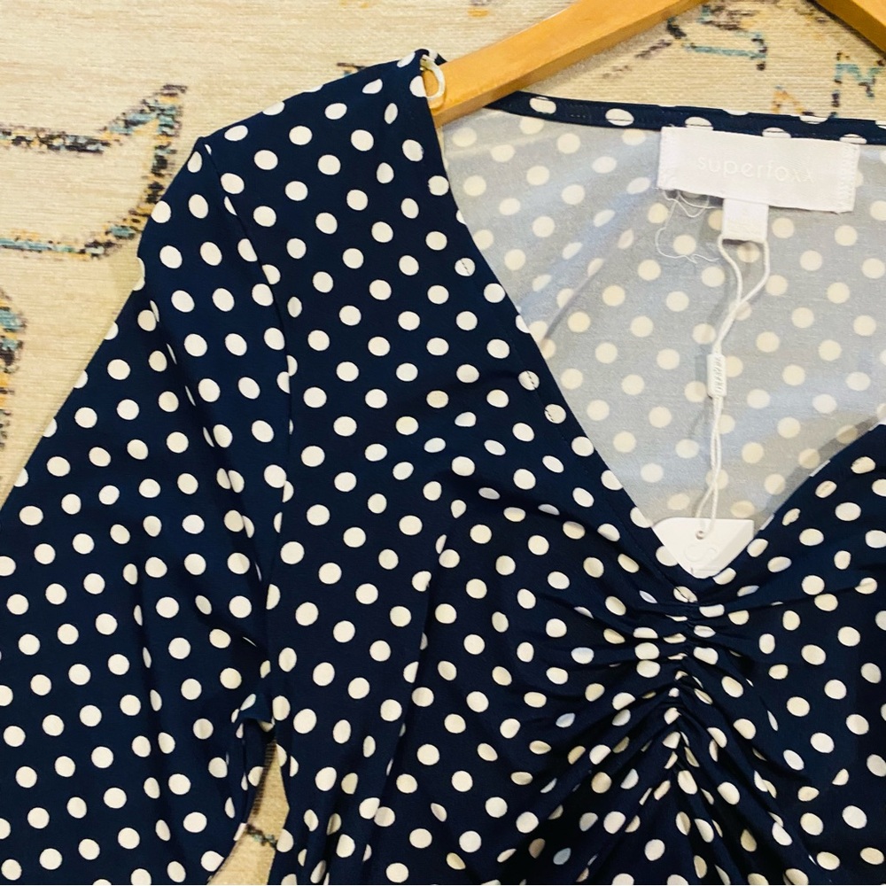 SUPERFOXX NWT NAVY & WHITE Polka Dot Fitted Ruched Midi DRESS - Picture 3 of 6